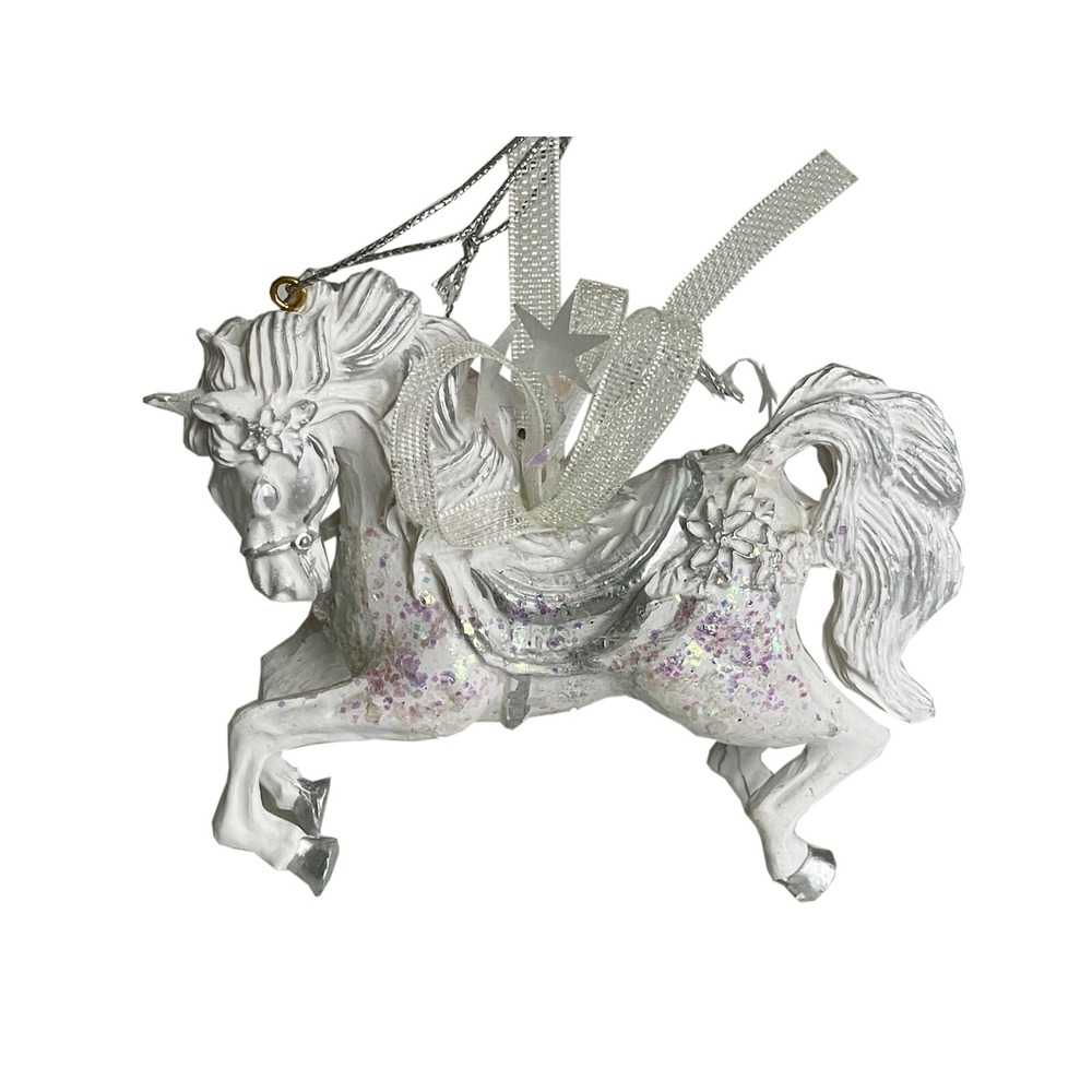 Antique ROC Taiwan Horse Ornament White Glitter Iridescent Ribbon 4"